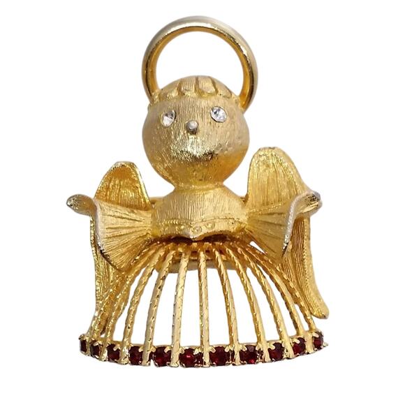 Small Rhinestone Angel Brooch Gold Tone Pair Cherub Pin Red Green Crystal - Picture 8 of 9